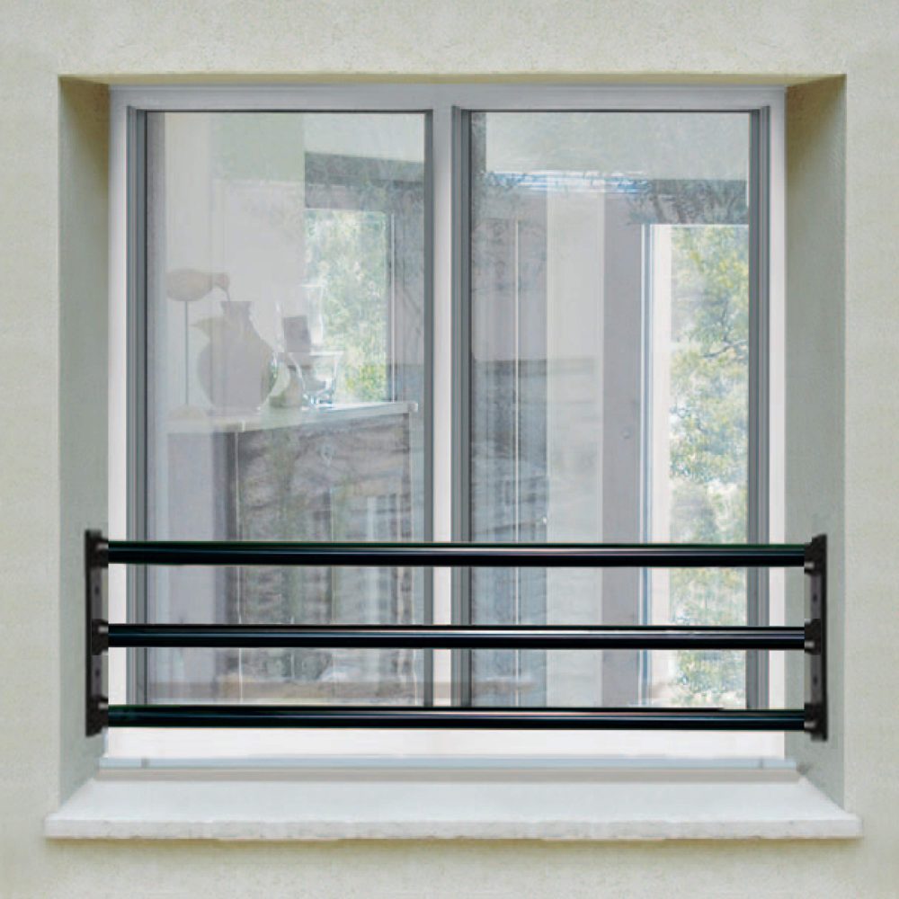 Barre d’appui 3 lisses pour fenêtre 110 cm (cote tableau) – Acier rond d40 mm – Prépeinte noir – Fixation Platine réglable