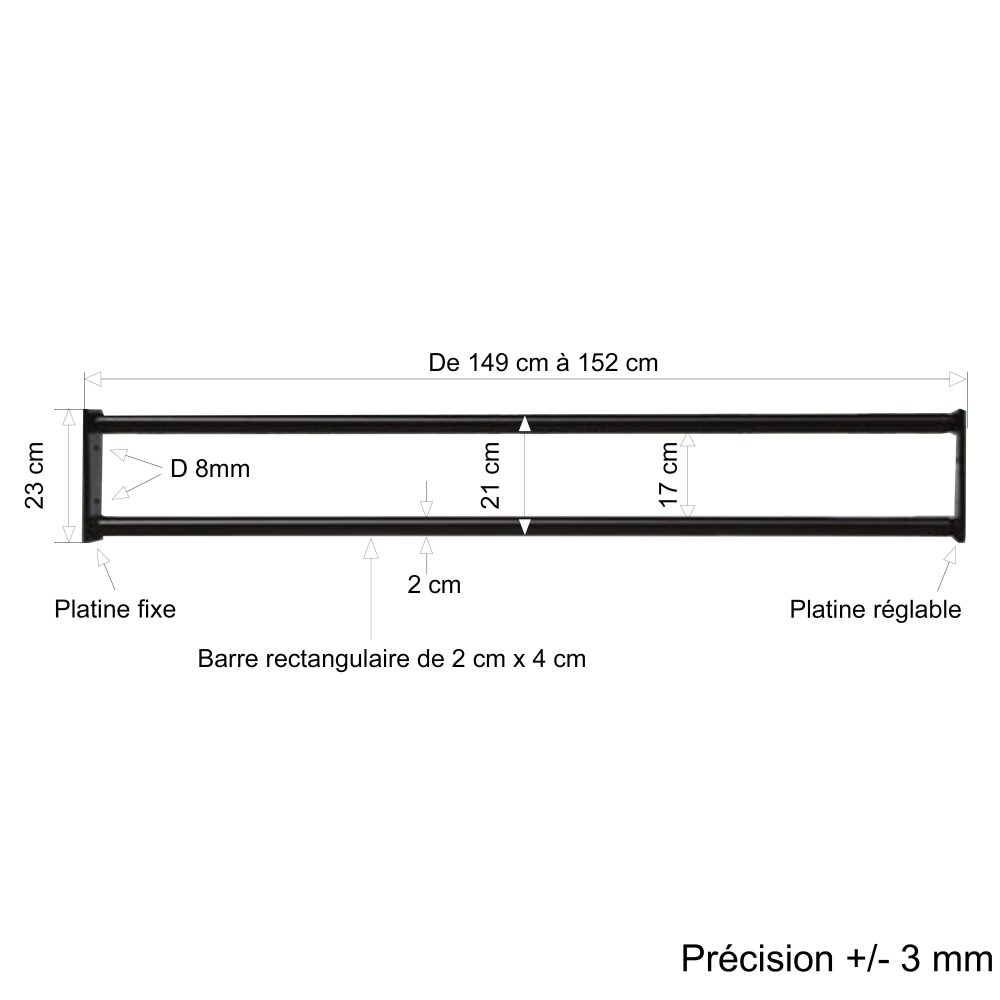 Barre d’appui 2 lisses - Fenêtre 150 cm (cote tableau) – Acier rectangulaire 20 x 40 mm – Prépeinte noir – Fixation Platine réglable – Image 2