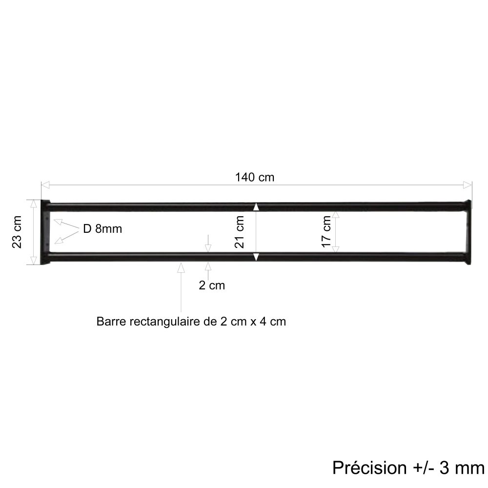 Barre d’appui 2 lisses - Fenêtre 140 cm (cote tableau) – Acier rectangulaire 20 x 40 mm – Prépeinte noir – Fixation Platine fixe – Image 2