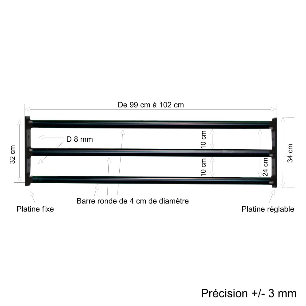 Barre d’appui 3 lisses pour fenêtre 100 cm (cote tableau) – Acier rond d40 mm – Prépeinte noir – Fixation Platine réglable – Image 2