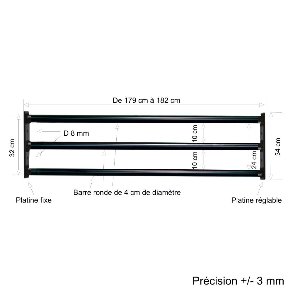Barre d’appui 3 lisses pour fenêtre 180 cm (cote tableau) – Acier rond d40 mm – Prépeinte noir – Fixation Platine réglable – Image 2