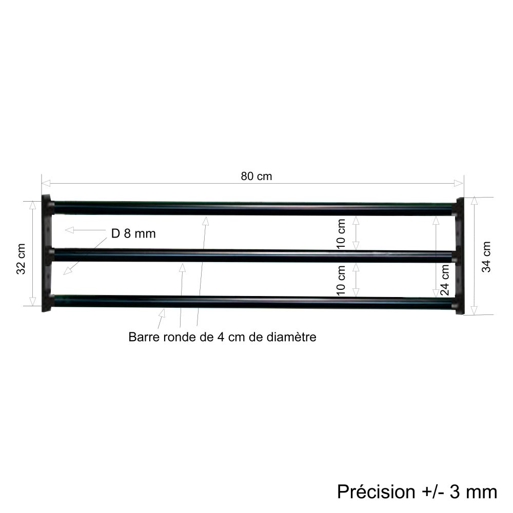 Barre d’appui 3 lisses pour fenêtre 80 cm (cote tableau) – Acier rond d40 mm – Prépeinte noir – Fixation Platine fixe – Image 2