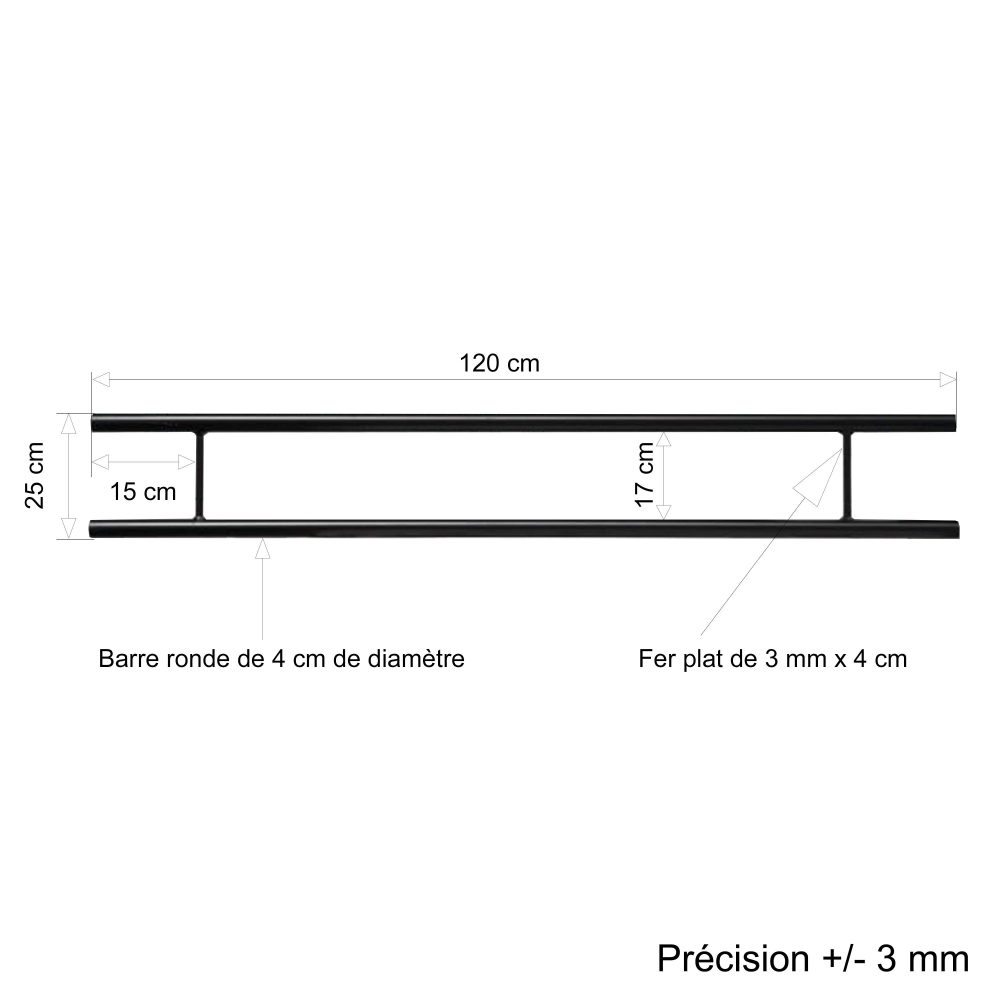 Barre d’appui 2 lisses pour fenêtre 110 cm (cote tableau) – Acier rond d40 mm – Prépeinte noir – Fixation par Scellement – Image 2