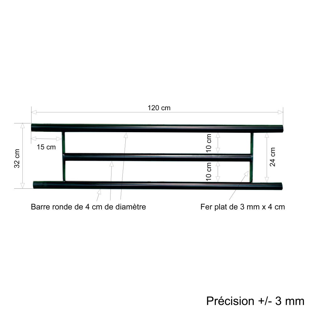 Barre d’appui 3 lisses pour fenêtre 110 cm (cote tableau) – Acier rond d40 mm – Prépeinte noir – Fixation par Scellement – Image 2