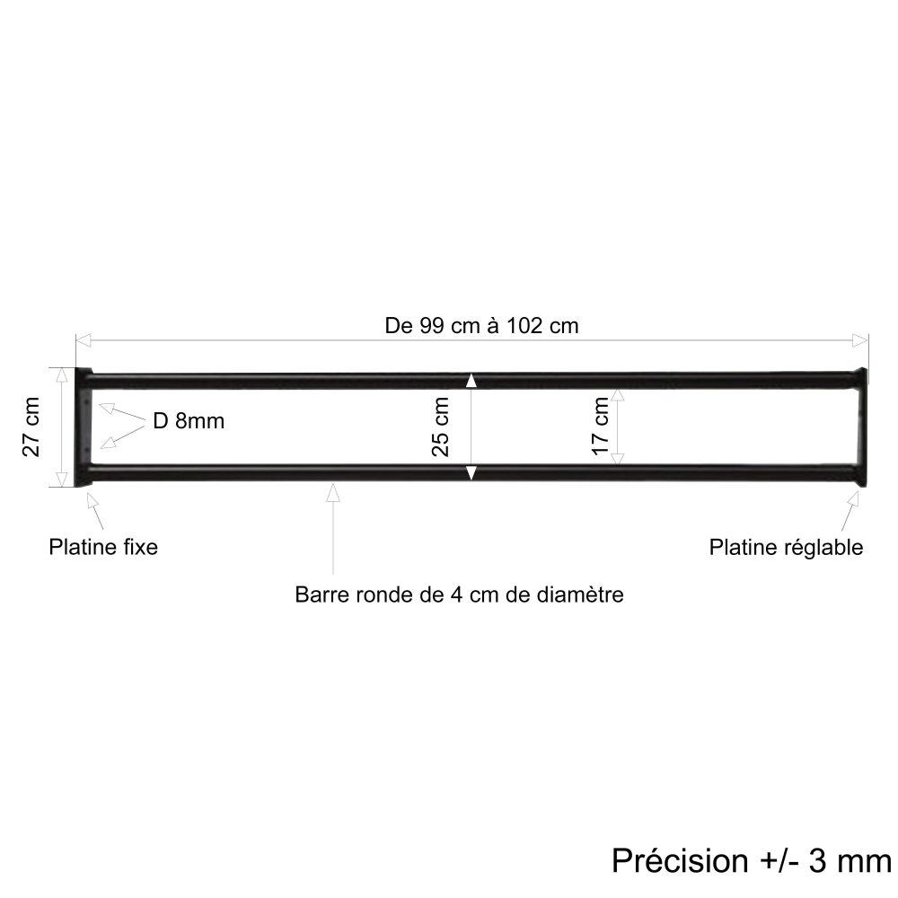 Barre d’appui 2 lisses pour fenêtre 100 cm (cote tableau) – Acier rond d40 mm – Prépeinte noir – Fixation Platine réglable – Image 2