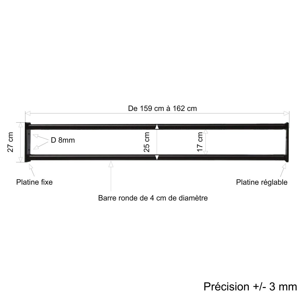 Barre d’appui 2 lisses pour fenêtre 160 cm (cote tableau) – Acier rond d40 mm – Prépeinte noir – Fixation Platine réglable – Image 2