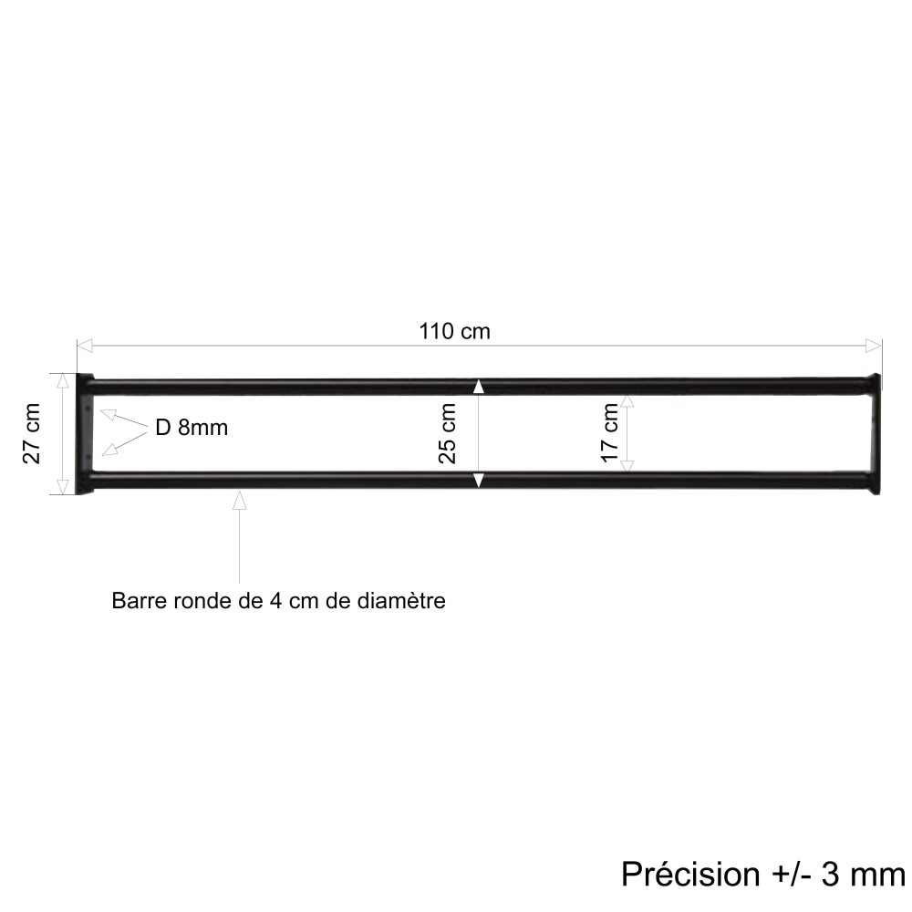 Barre d’appui 2 lisses pour fenêtre 110 cm (cote tableau) – Acier rond d40 mm – Prépeinte noir – Fixation Platine fixe – Image 2