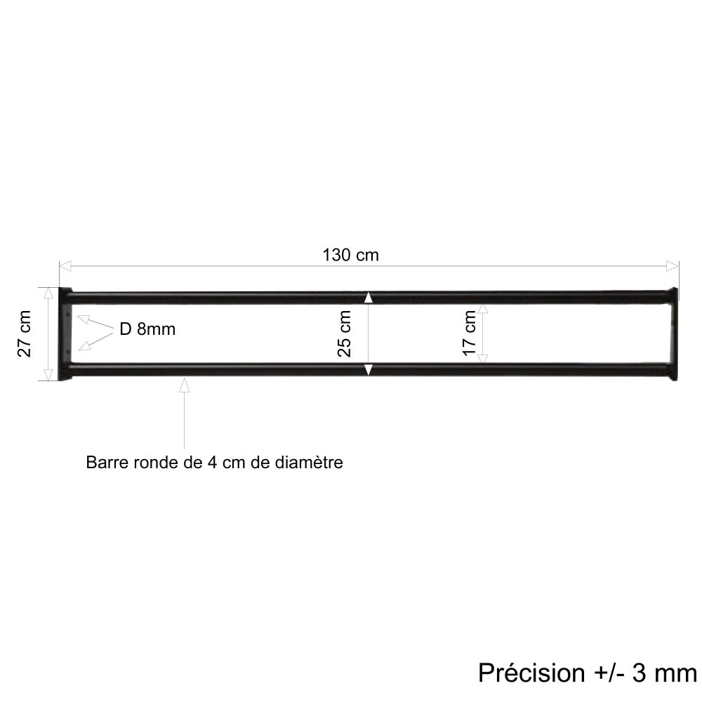 Barre d’appui 2 lisses pour fenêtre 130 cm (cote tableau) – Acier rond d40 mm – Prépeinte noir – Fixation Platine fixe – Image 2