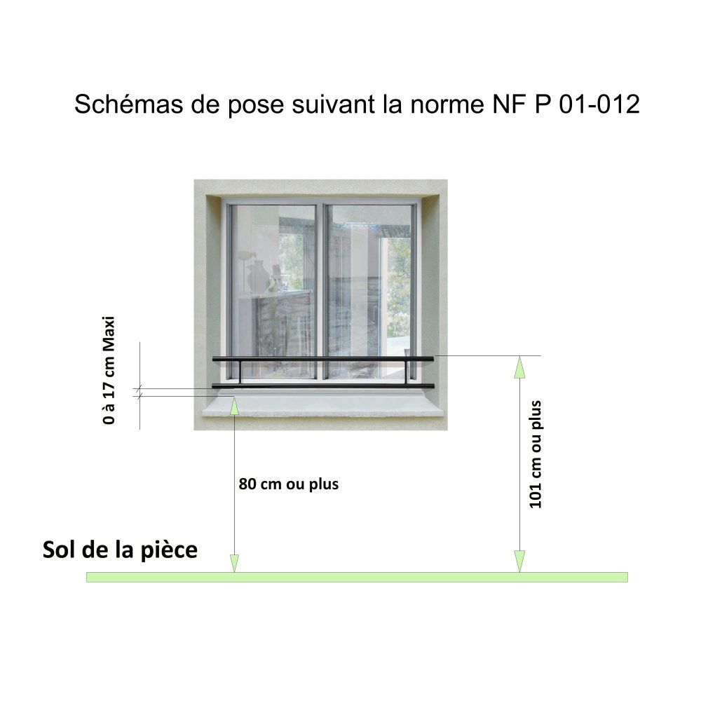 Barre d’appui 2 lisses - Fenêtre 155 cm (cote tableau) – Acier rectangulaire 20 x 40 mm – Prépeinte noir – Fixation par Scellement – Image 3