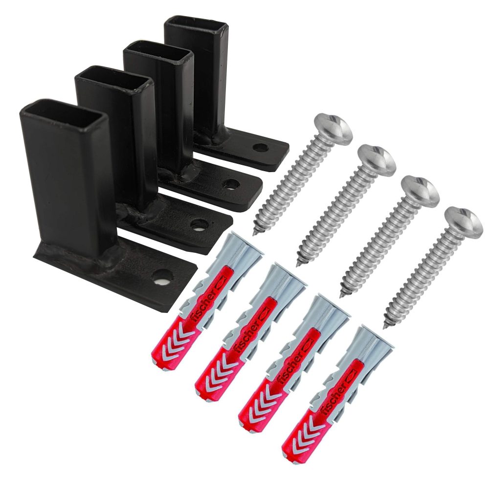 Kit de Fixation Sécurité pour Grille de Défense – 4 Platines Acier Creuses 25x8 + 4 Vis Inviolables + 4 Chevilles Multimatériaux