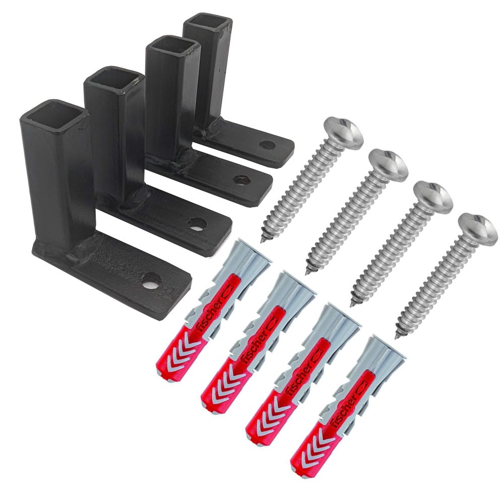 Kit de Fixation Sécurité pour Grille de Défense – 4 Platines Acier Creuses 15x15 + 4 Vis Inviolables + 4 Chevilles Multimatériaux
